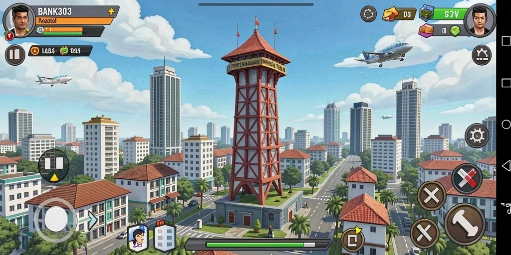 Screenshot utama BANK303 menampilkan aksi menara dalam pertempuran melawan musuh.