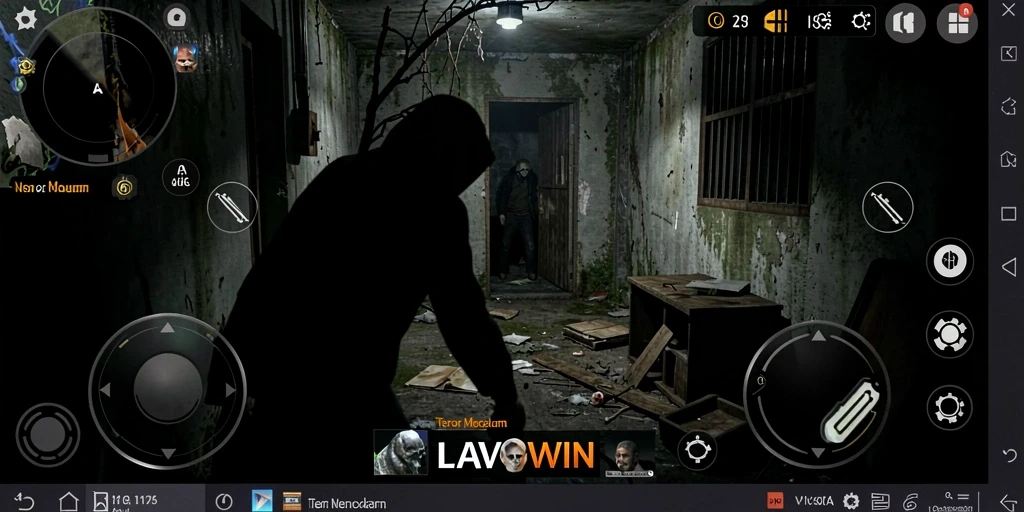Screenshot gameplay LAVOWIN menampilkan suasana horor yang mencekam.