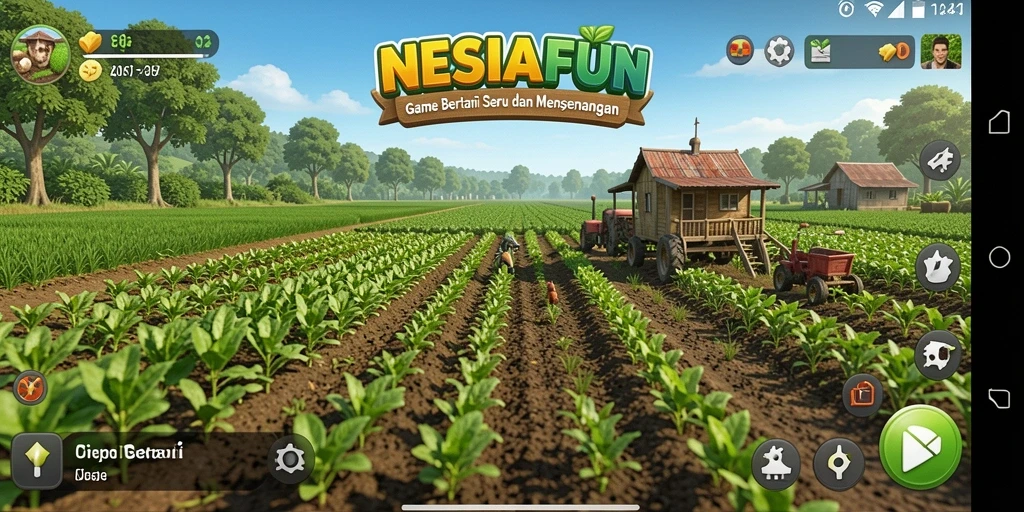 Tampilan gameplay NESIAFUN dengan ladang yang subur dan hewan peliharaan.