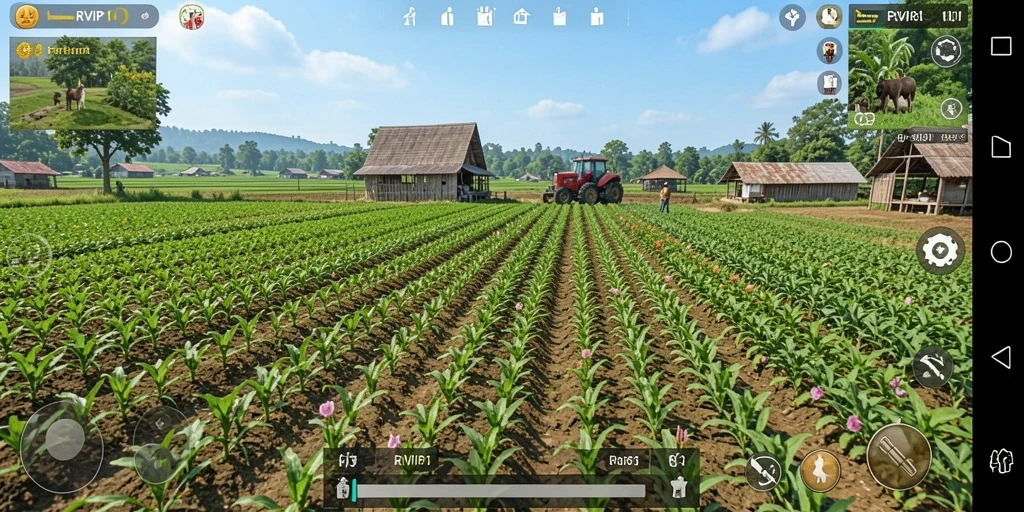 Screenshot menunjukkan gameplay RVIP1 dengan ladang yang subur dan interaksi pemain.