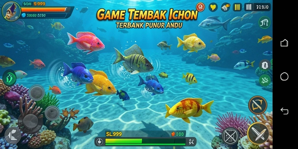 Tangkapan layar utama SL999 menampilkan aksi seru menembak ikan di bawah laut.